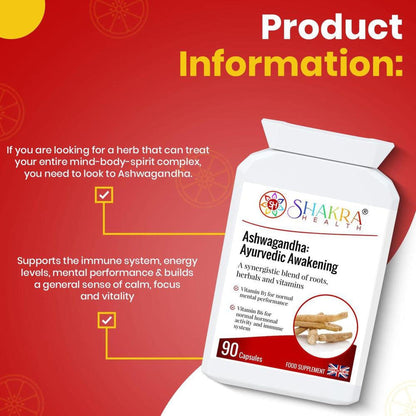 White bottle of Shakra Health Ashwagandha capsules with product information text on a red background.