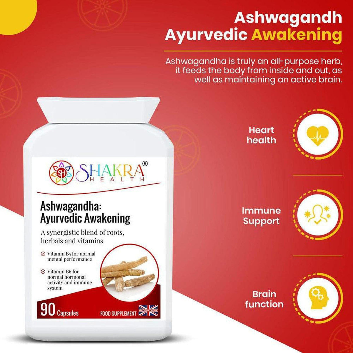 White bottle of Shakra Health Ashwagandha capsules with red branding, featuring ingredient icons and 90-capsule count.