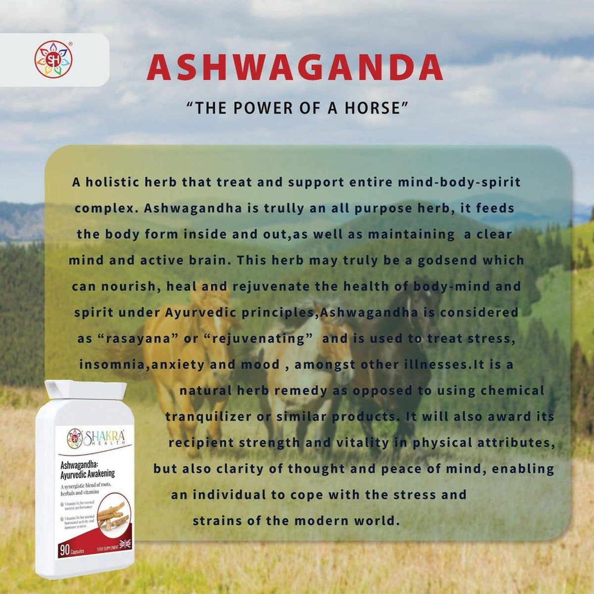 White bottle of Ashwagandha Ayurvedic Awakening capsules against a scenic background of horses running in a green valley.