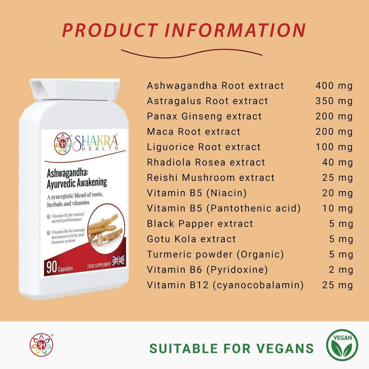 White bottle of Ashwagandha Ayurvedic Awakening capsules next to a list of herbal ingredients on a beige background.