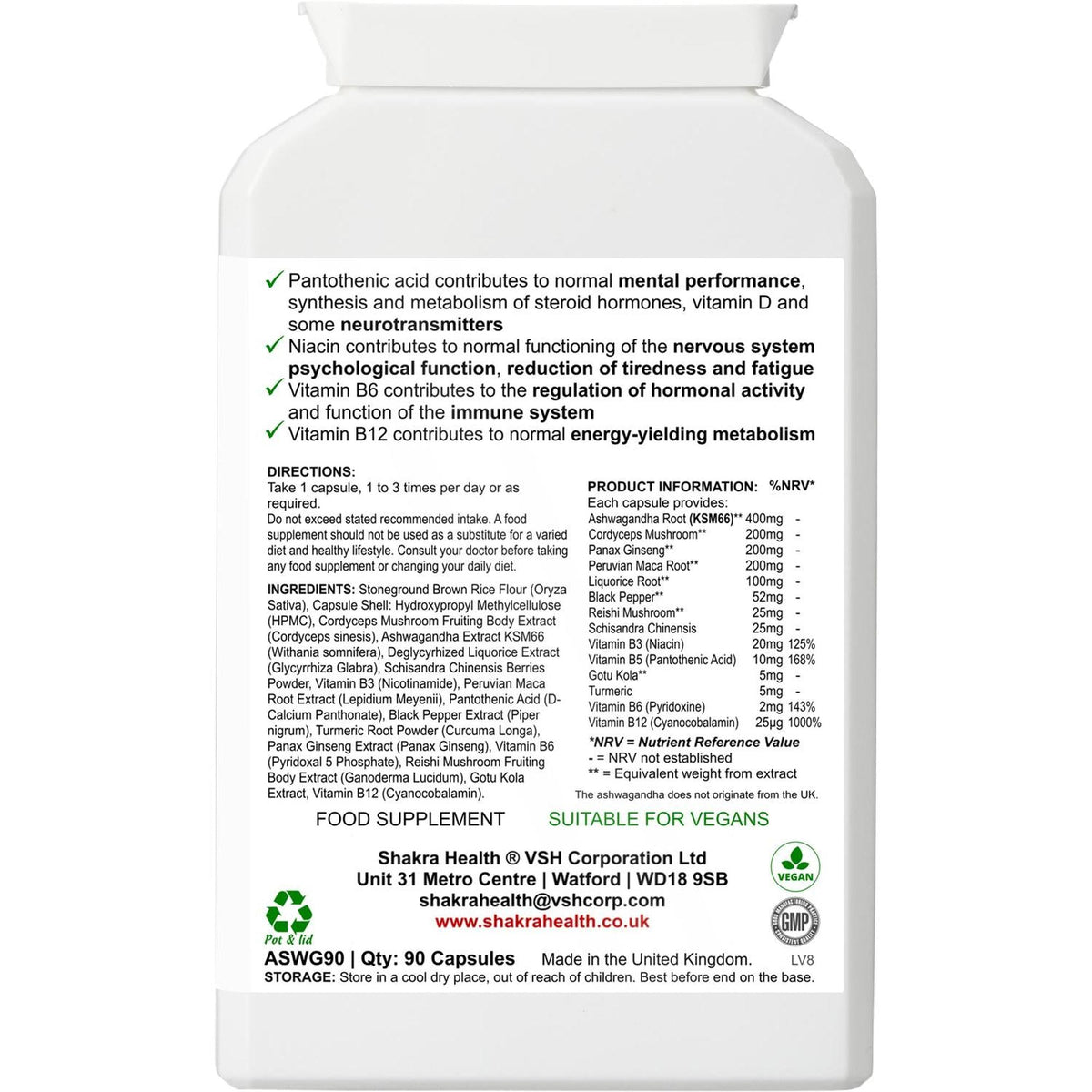 White supplement bottle label with black text listing ingredients, directions, and nutritional information for Ashwagandha capsules.