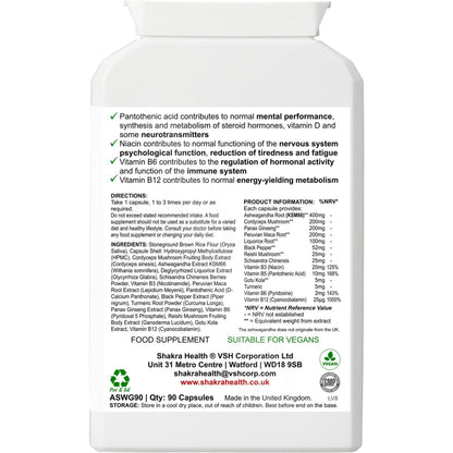 White supplement bottle label with black text listing ingredients, directions, and nutritional information for Ashwagandha capsules.