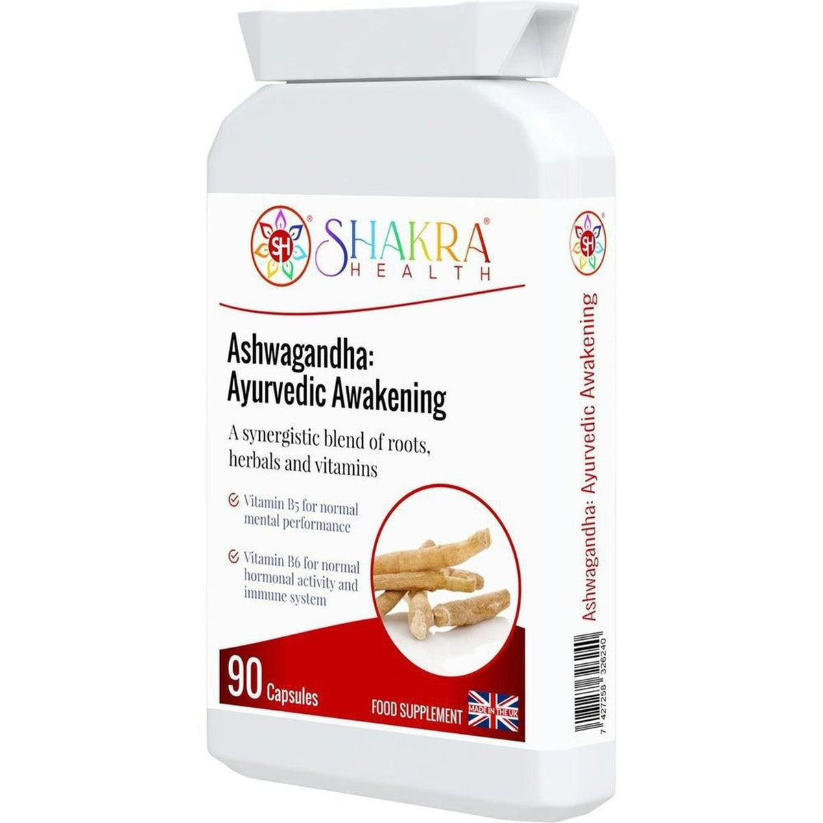 White bottle of Shakra Health Ashwagandha capsules with a red and white label featuring root imagery and 90-capsule count.
