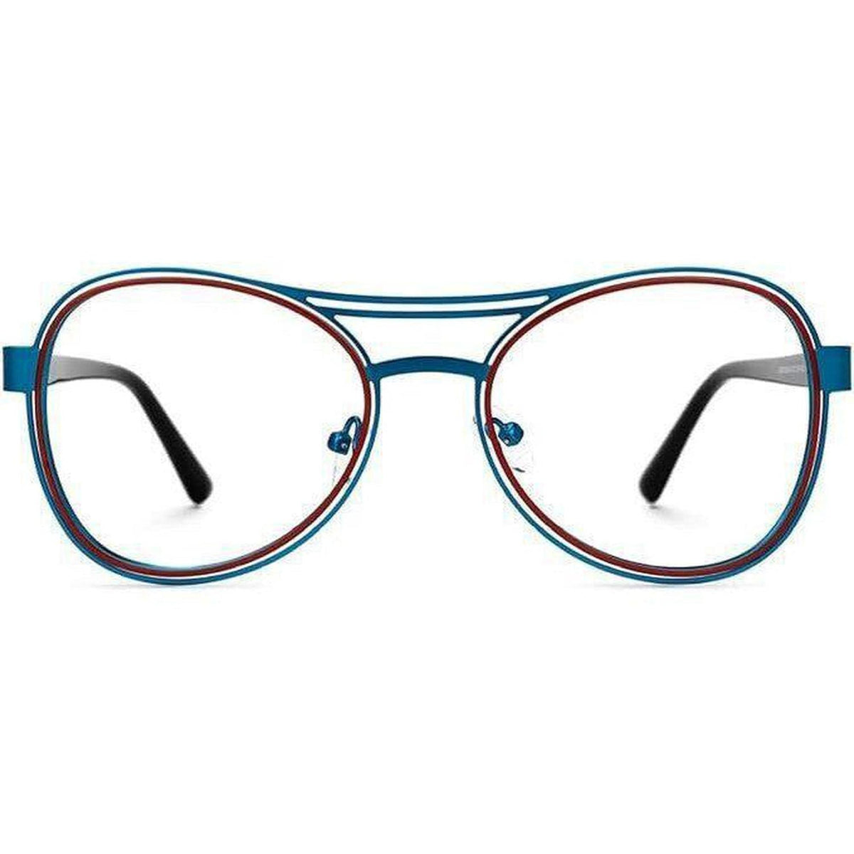 Lightweight metal aviator glasses featuring a blue frame with red inner rim detailing and a double bridge design.