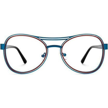 Lightweight metal aviator glasses featuring a blue frame with red inner rim detailing and a double bridge design.