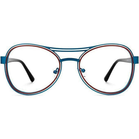 Lightweight metal aviator glasses featuring a blue frame with red inner rim detailing and a double bridge design.