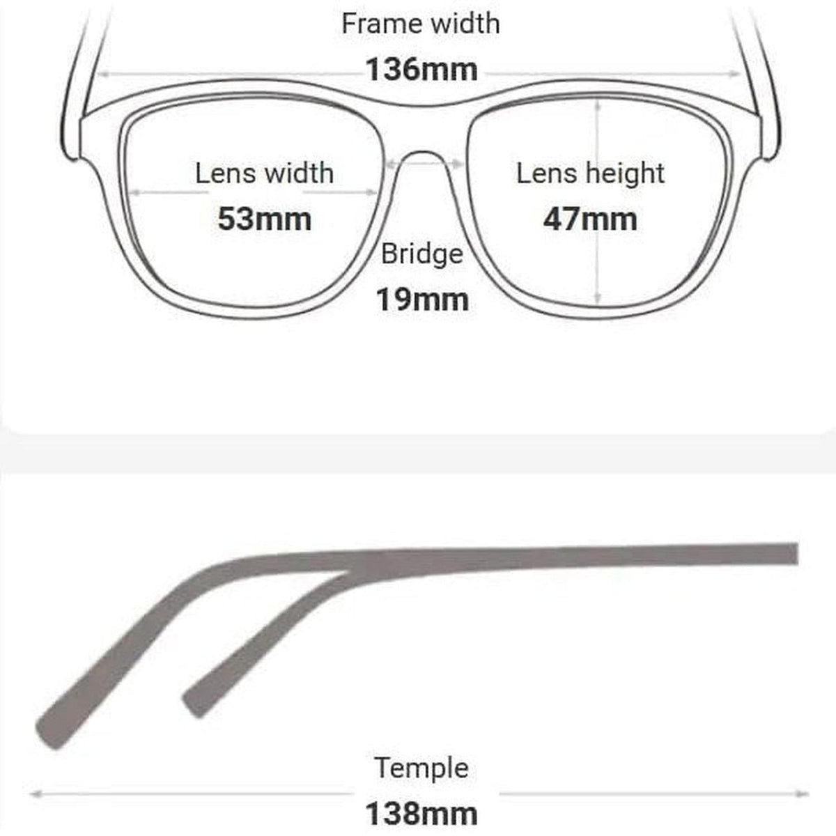 Technical diagram of aviator glasses showing 136mm frame width, 53mm lens width, 19mm bridge, and 138mm temple length.