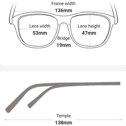 Technical diagram of aviator glasses showing 136mm frame width, 53mm lens width, 19mm bridge, and 138mm temple length.