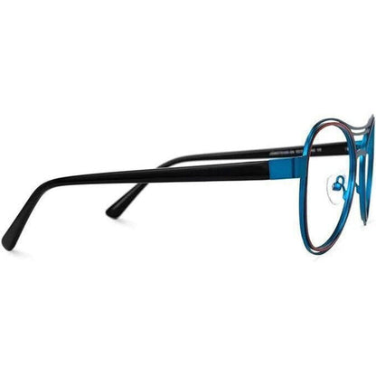 Lightweight metal aviator glasses with a blue and red two-tone frame and black temples.