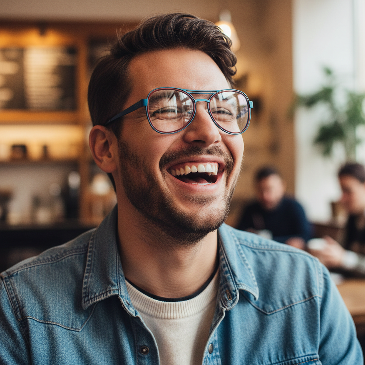 Man wearing lightweight blue and red metal aviator glasses with a modern teardrop frame design.
