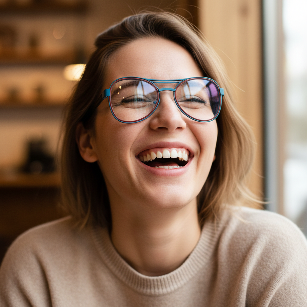 Woman wearing lightweight blue and red metal aviator glasses with a modern, two-tone full-rim design.