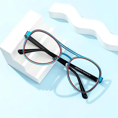 Lightweight metal aviator glasses featuring a blue frame with red rim detailing and black temples on a blue background.