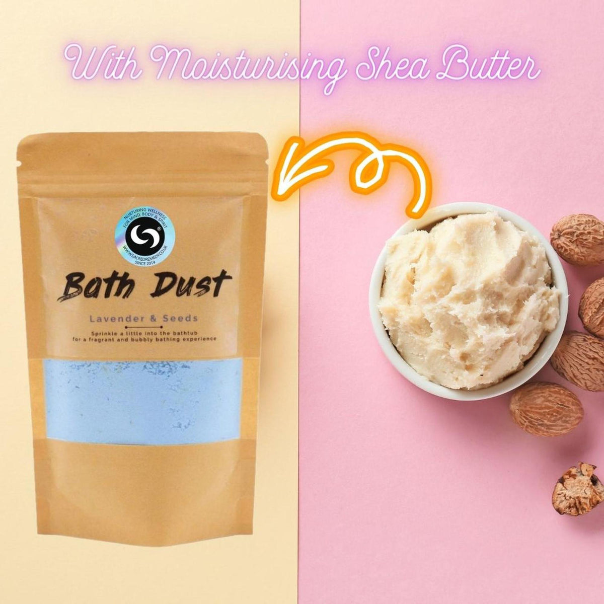Lavender and Seeds bath dust pouch next to a bowl of creamy shea butter and raw nuts on a split pink and yellow background.
