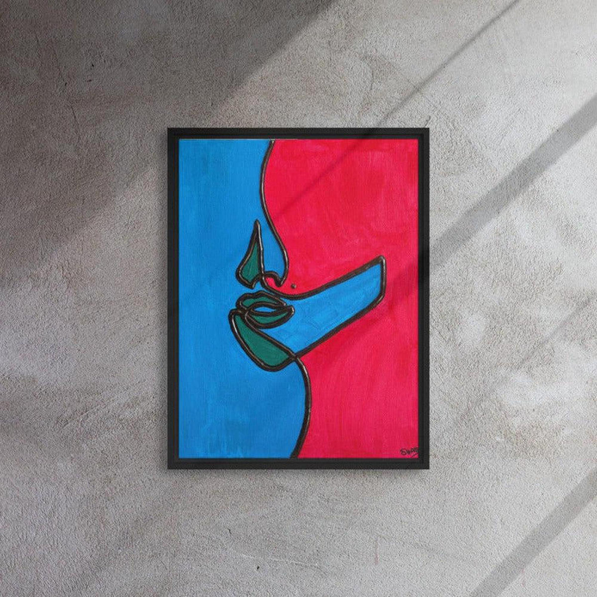 Modern abstract painting with cobalt blue and hot pink color blocking and a raised black tactile facial silhouette.
