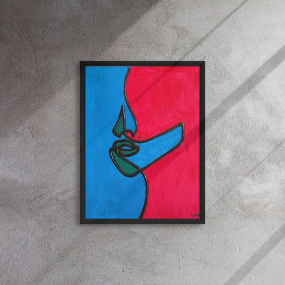 Modern abstract painting with cobalt blue and hot pink color blocking and a raised black tactile facial silhouette.