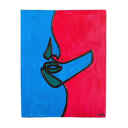 Abstract canvas art featuring a feminine silhouette in cobalt blue and hot pink with raised black tactile contour lines.