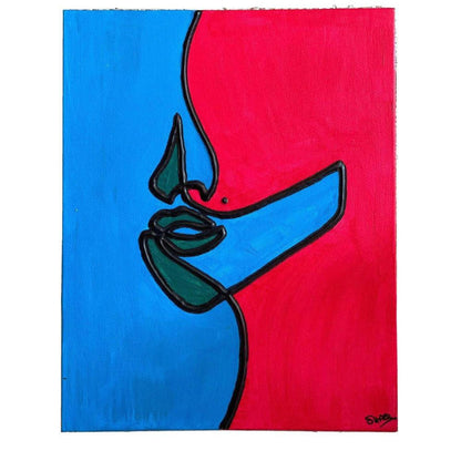 Abstract canvas art with cobalt blue and hot pink color blocking and a raised black tactile facial silhouette.