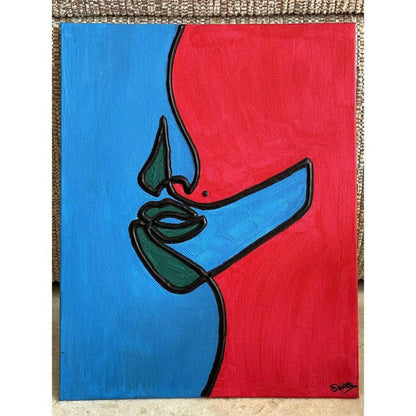 Abstract canvas painting with cobalt blue and hot pink split-color blocking and a raised black tactile facial silhouette.