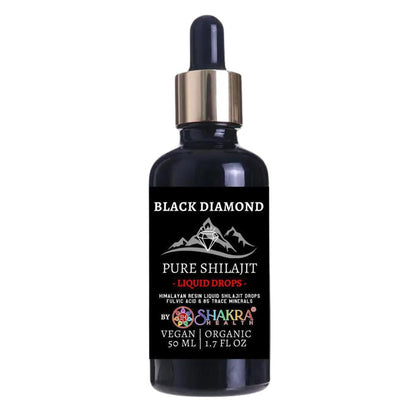 50ml bottle of Black Diamond liquid Shilajit with a gold dropper cap and black label featuring mountain and diamond icons.