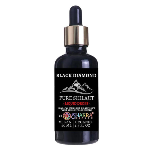 50ml bottle of Black Diamond liquid Shilajit with a gold dropper cap and black label featuring mountain and diamond icons.