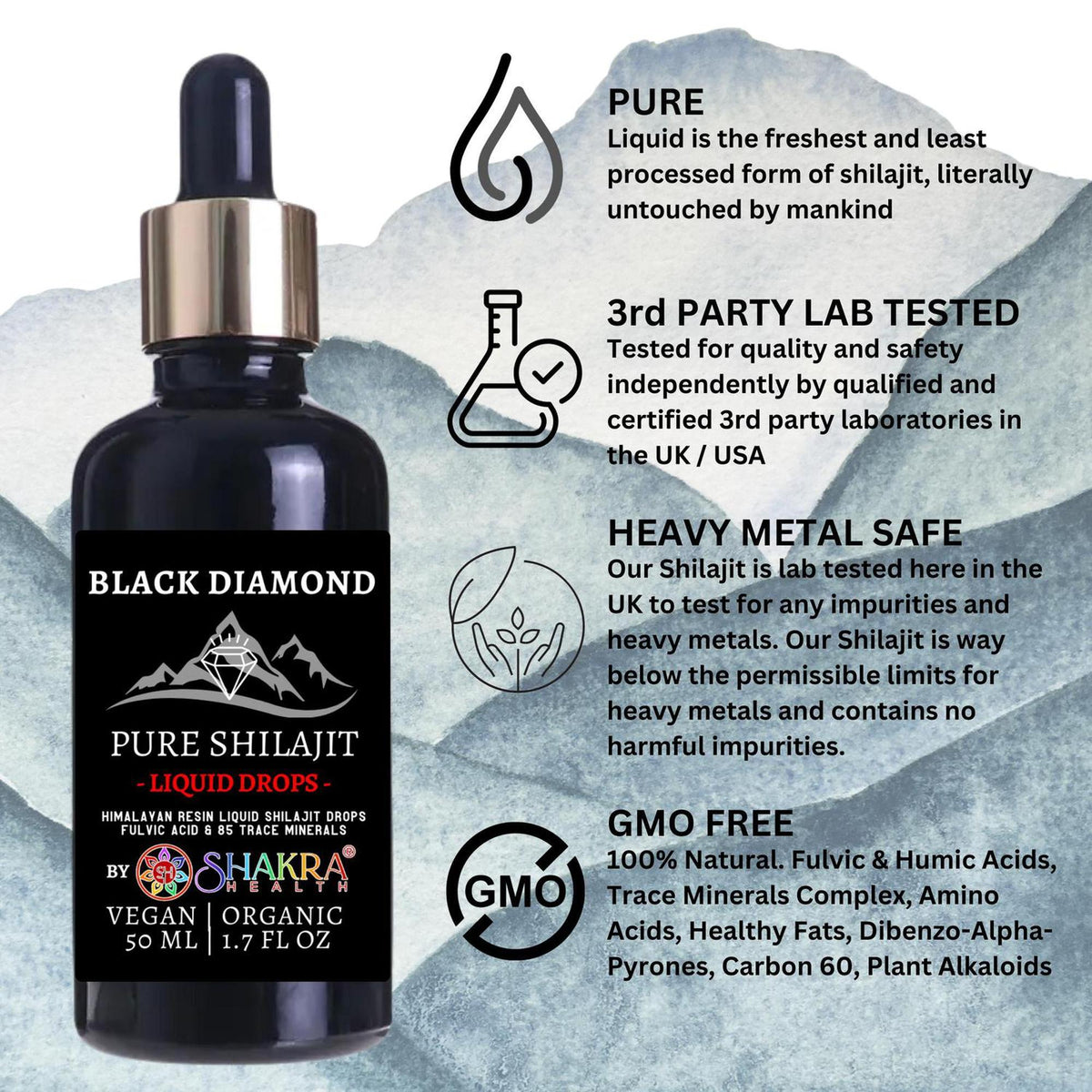 Black Diamond liquid shilajit 50ml dropper bottle with product benefits and purity certifications listed alongside.