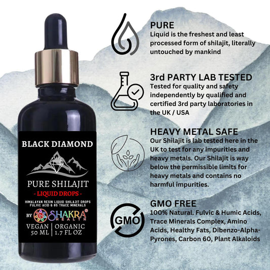 Black Diamond liquid shilajit 50ml dropper bottle with product benefits and purity certifications listed alongside.
