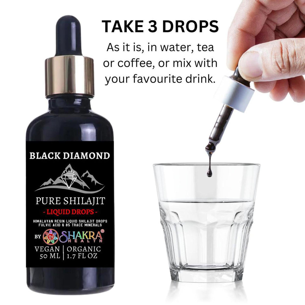 Black Diamond Shilajit 50ml dropper bottle with a hand dispensing liquid drops into a clear glass of water.