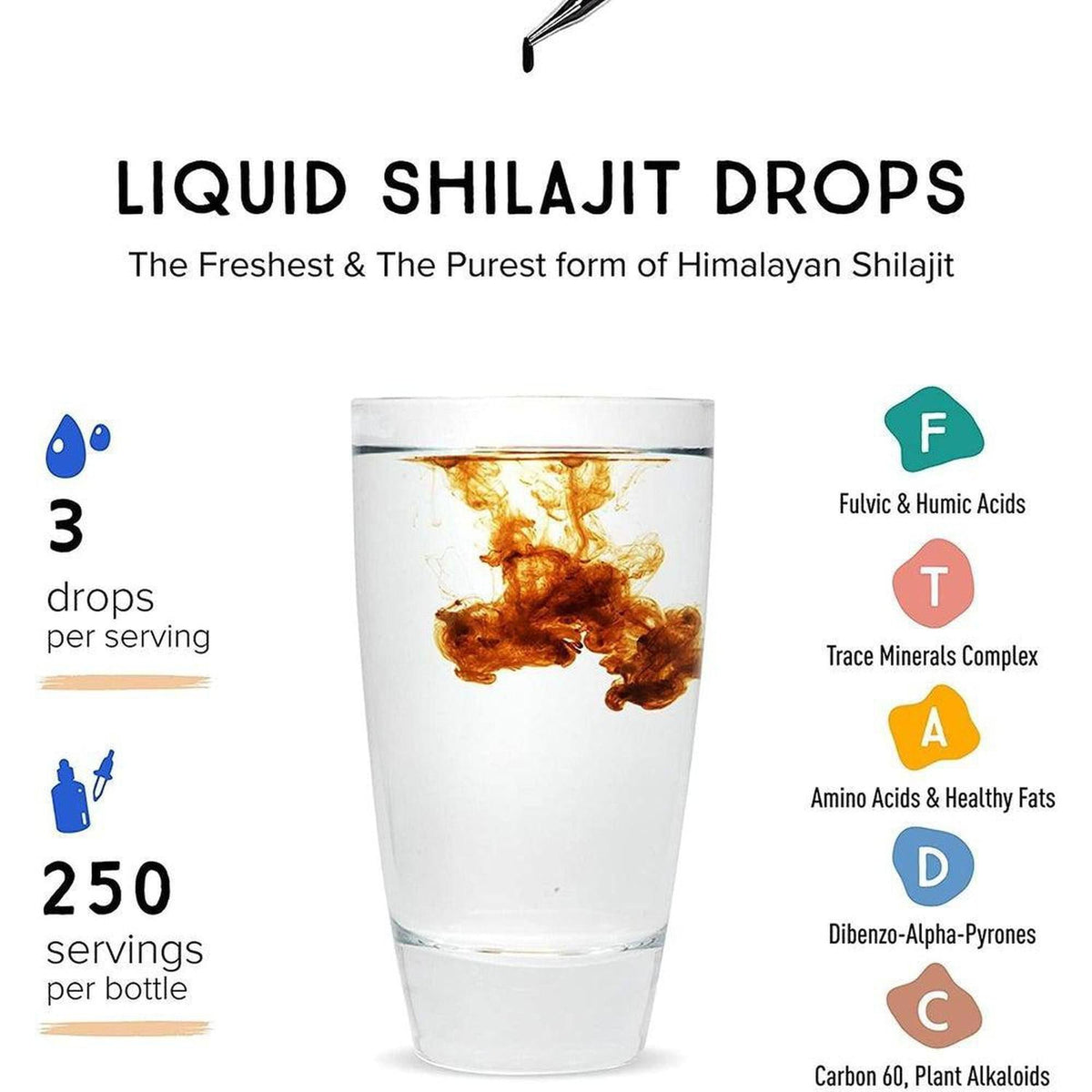 Glass of water with Black Diamond liquid shilajit drops, showing serving size and mineral content infographic.