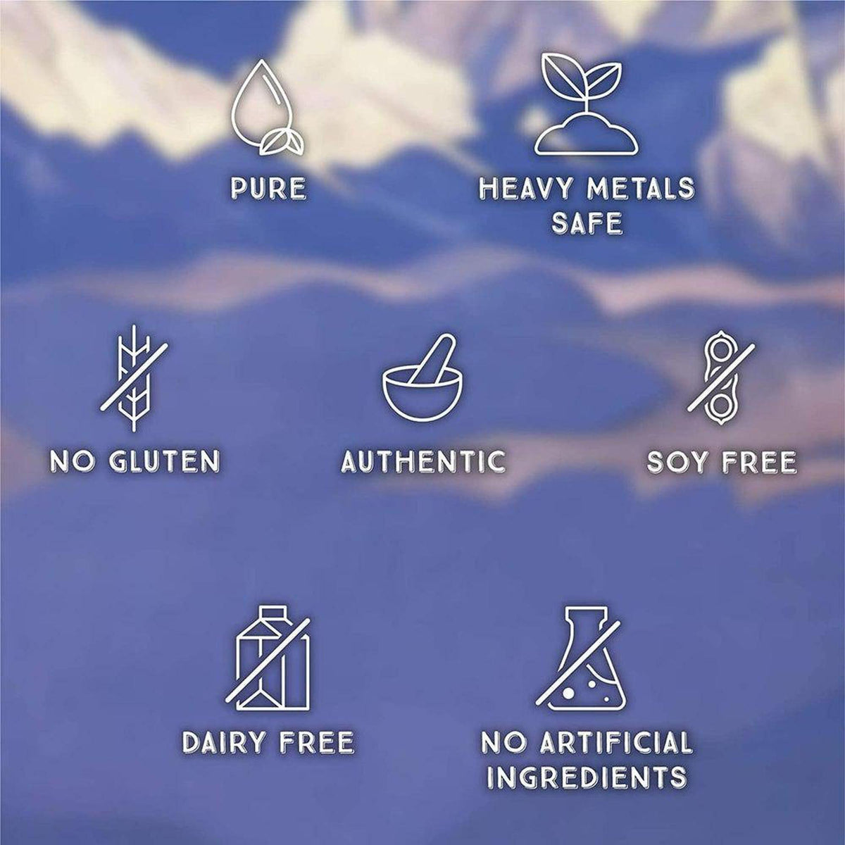 White line icons on a blurred mountain background highlighting purity, safety, and dietary benefits of Shilajit drops.