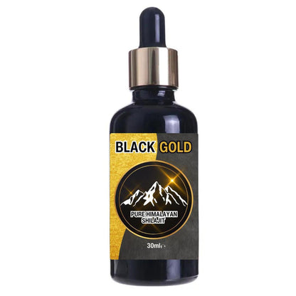 Black Gold Himalayan Shilajit 30ml liquid dropper bottle with a black glass body and gold mountain logo label.