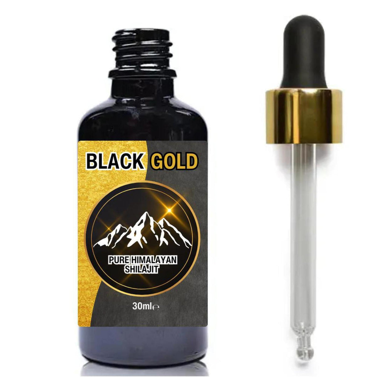 30ml Black Gold Himalayan Shilajit liquid bottle with a gold-accented dropper and mountain logo label on a white background.