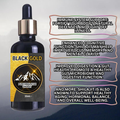 Black Gold Himalayan Shilajit liquid drops in a 30ml dark glass dropper bottle with a gold and black mountain label.
