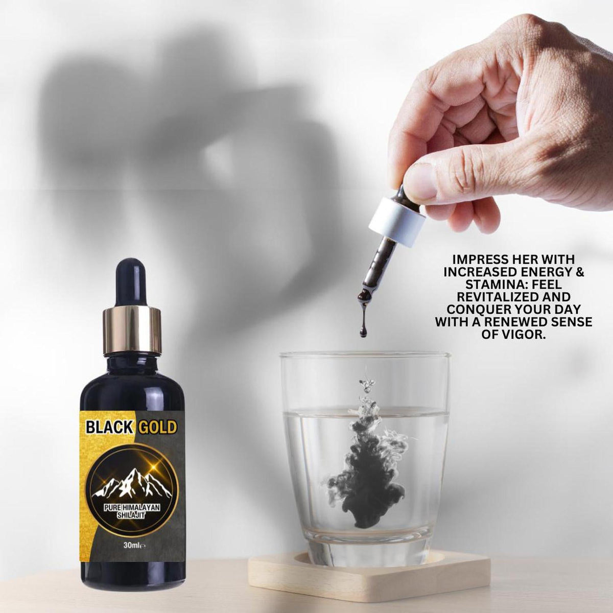 Black Gold Himalayan Shilajit liquid drops in a 30ml glass dropper bottle, with dark extract dissolving into a water glass.