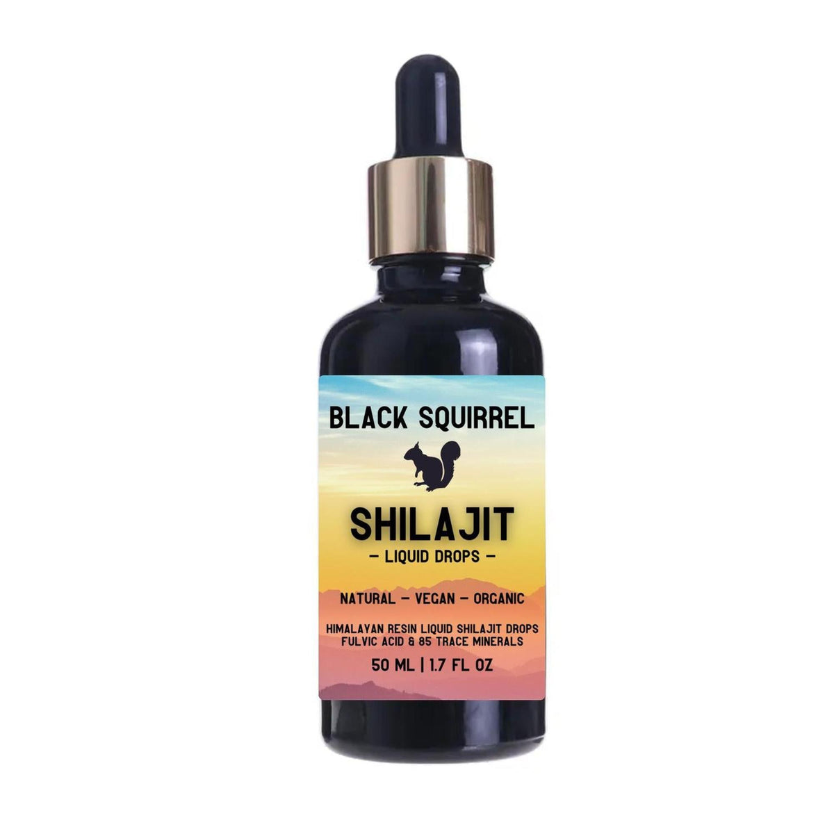 Black Squirrel 50ml liquid Shilajit drops in a dark glass dropper bottle with a sunrise-themed label.