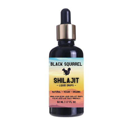 Black Squirrel 50ml liquid Shilajit drops in a dark glass dropper bottle with a sunrise-themed label.