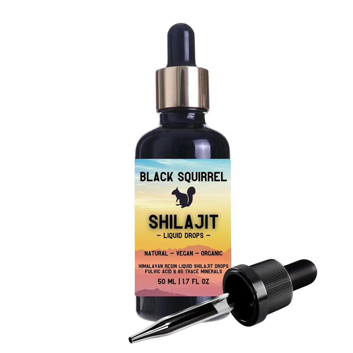 Black Squirrel 50ml Shilajit liquid drops in a dark glass bottle with a gold dropper and sunset-themed label.