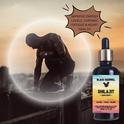 Black Squirrel 50ml Shilajit liquid drops bottle with dropper cap, featuring a sunset label design and athletic backdrop.