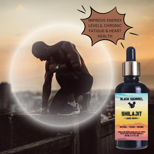 Black Squirrel 50ml Shilajit liquid drops bottle with dropper cap, featuring a sunset label design and athletic backdrop.