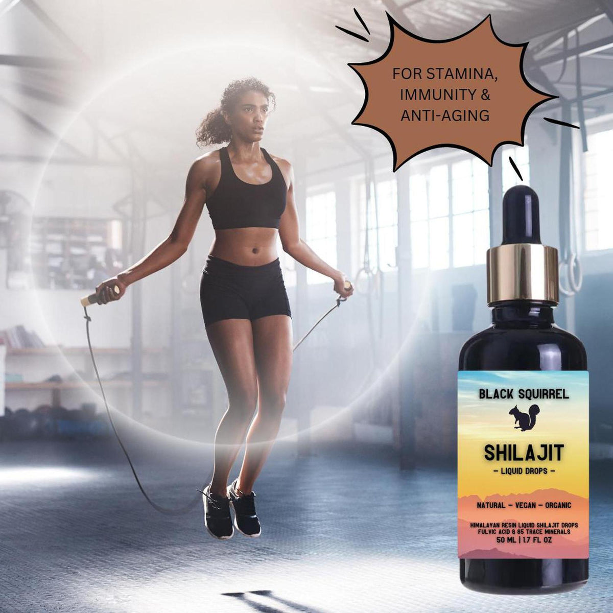 Black Squirrel 50ml Shilajit liquid drops bottle next to a woman jumping rope in a gym for stamina and vitality.