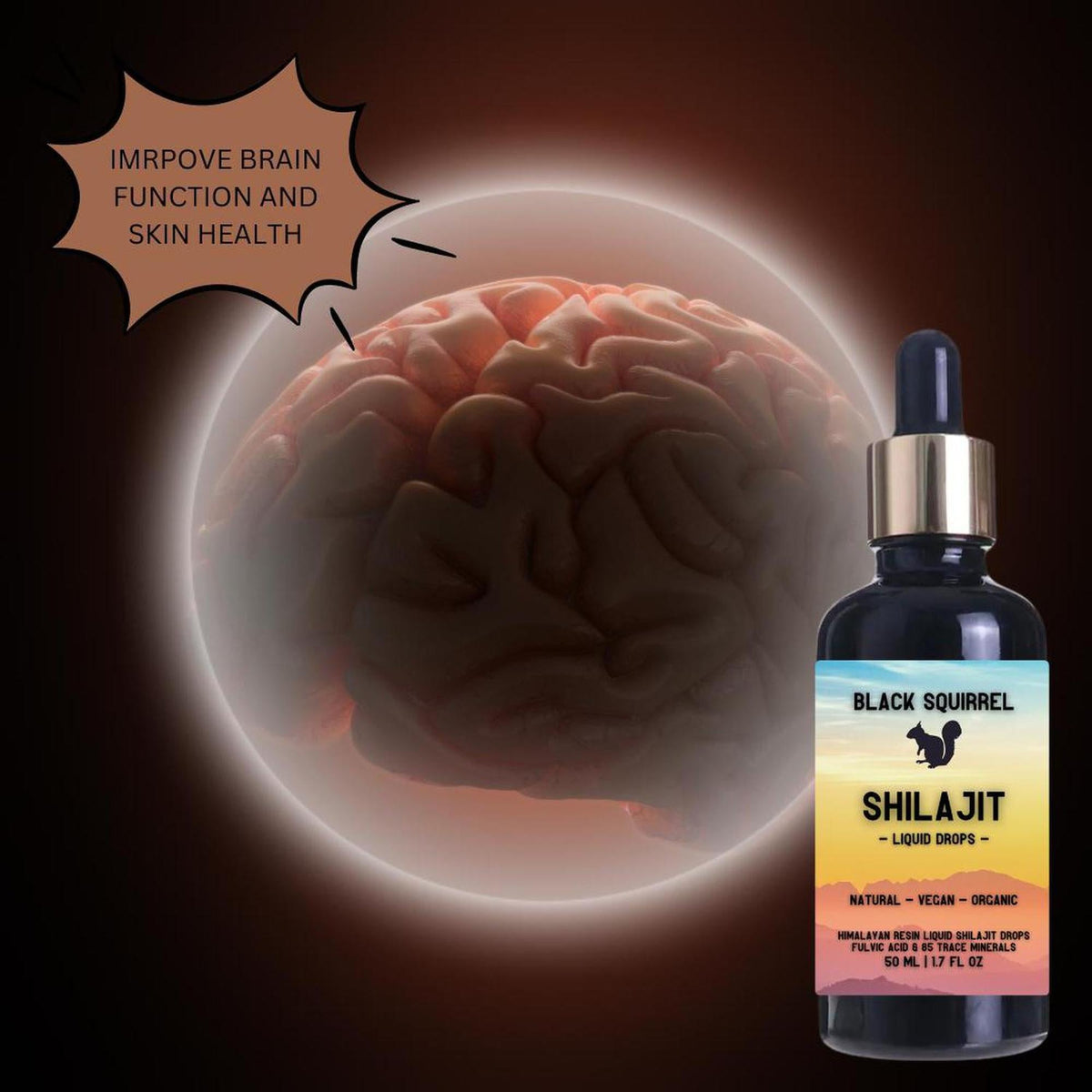 Black Squirrel 50ml Shilajit liquid drops bottle next to a glowing human brain graphic with health benefits text.
