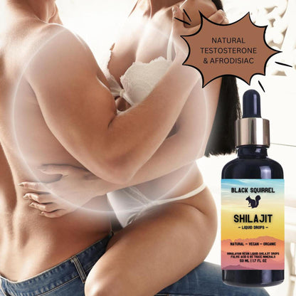 Black Squirrel 50ml Shilajit liquid drops bottle with a dropper cap next to an intimate couple in a bright room.