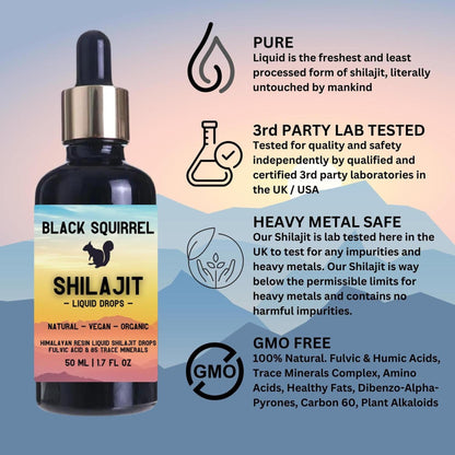 Black Squirrel 50ml liquid shilajit dropper bottle with product benefits listed on a mountain-themed background.