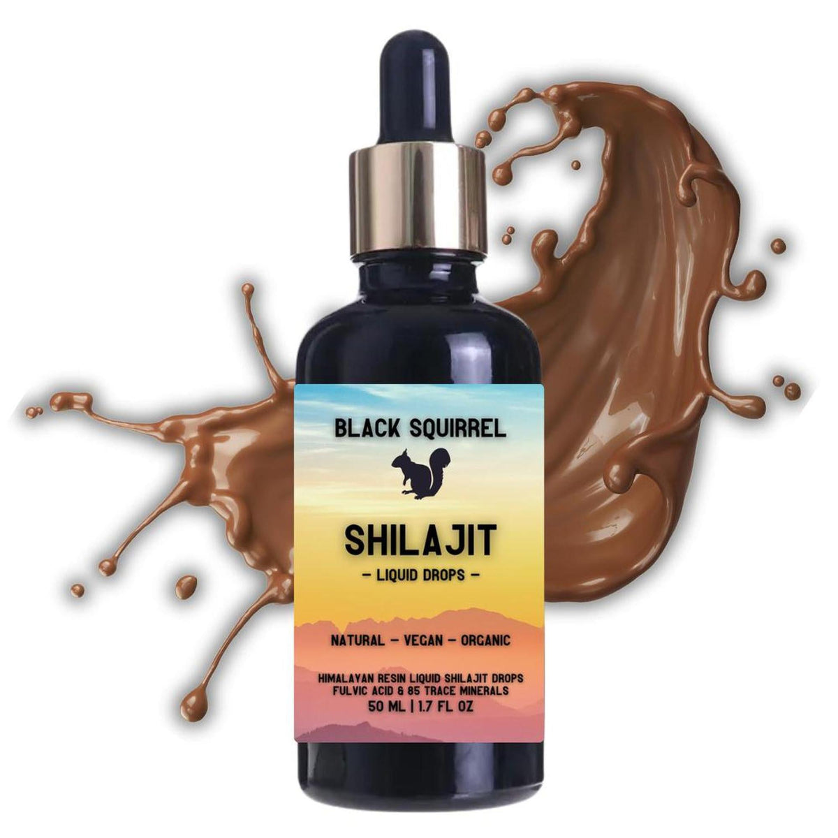Black Squirrel 50ml Shilajit liquid drops in a dark glass dropper bottle with a sunset-themed label and brown liquid splash.