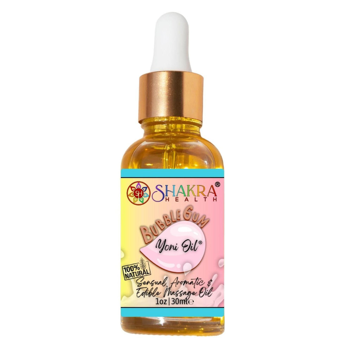 30ml bottle of Shakra Health bubblegum yoni oil with a gold dropper cap and colorful, playful product label.