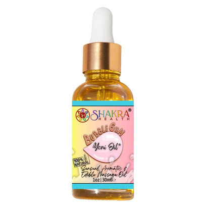 30ml bottle of Shakra Health bubblegum yoni oil with a gold dropper cap and colorful, playful product label.