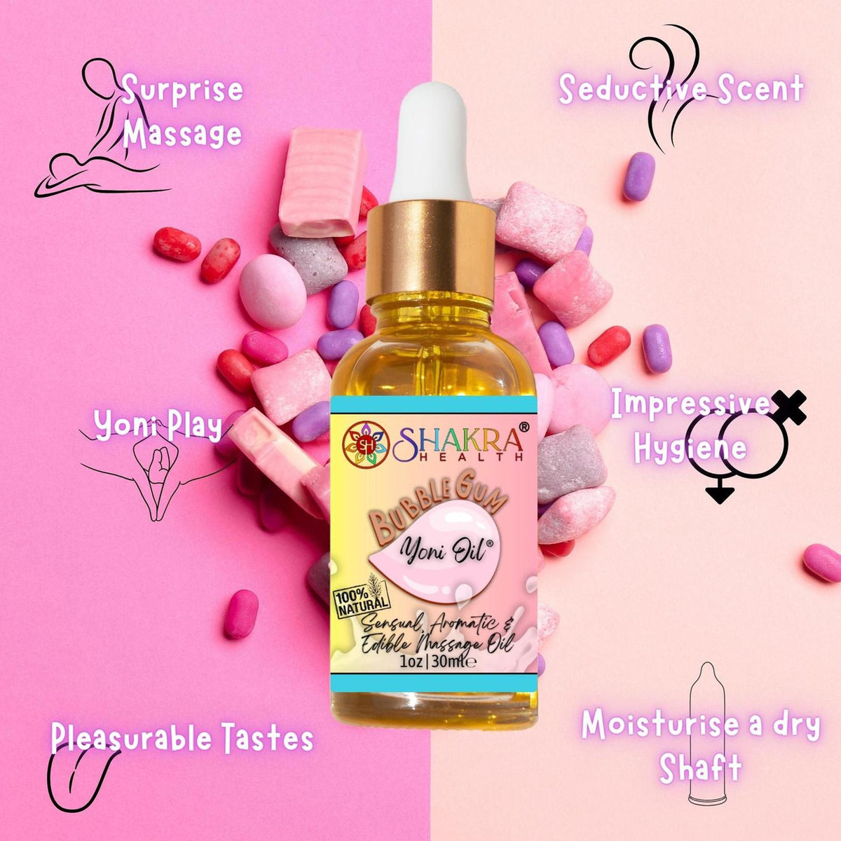 30ml bottle of Shakra Health bubblegum yoni oil with a gold dropper, surrounded by pink and purple candy on a pink background.