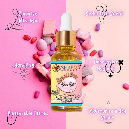 30ml bottle of Shakra Health bubblegum yoni oil with a gold dropper, surrounded by pink and purple candy on a pink background.
