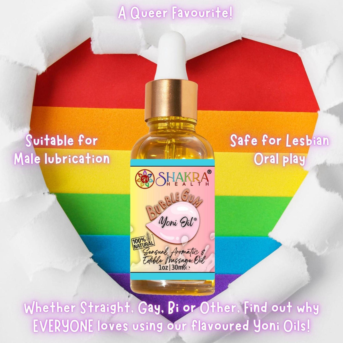 Bubblegum Yoni Oil in a 30ml glass dropper bottle centered against a heart-shaped rainbow background.