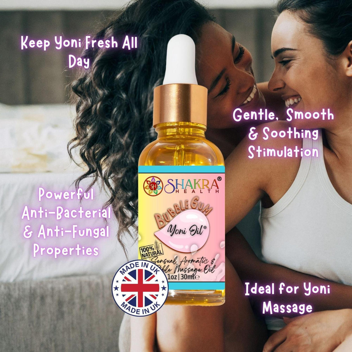 30ml bottle of Bubblegum Yoni Oil with a gold dropper, pink label, and Made in UK badge against a soft lifestyle background.