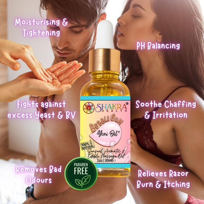 Shakra Health bubblegum yoni oil in a 30ml glass dropper bottle with gold cap, surrounded by wellness benefit text overlays.